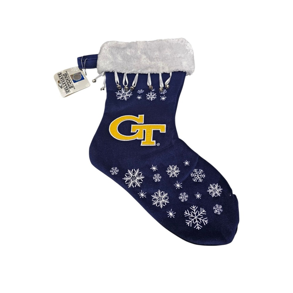 Georgia Tech Bulldogs Christmas Holiday Plush Stocking W/Bells & Snowflakes New